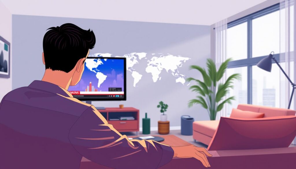 Generate an image of a person watching global news on IPTV