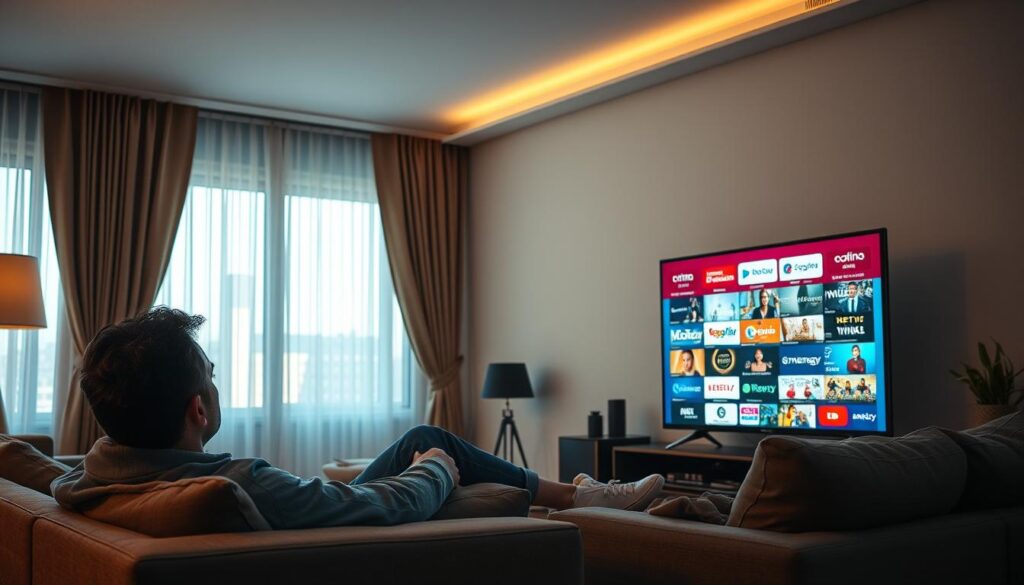 Generate an image of a person watching international channels on their TV using XTREAM VIEW IPTV service.