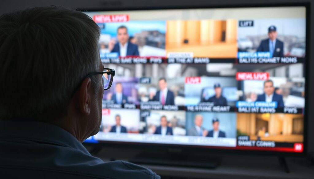 Generate an image of a person watching news on a 4K TV with multiple news channels displayed