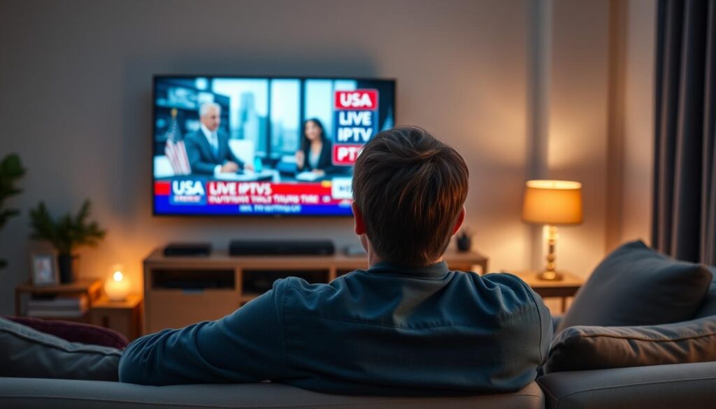 Generate an image of a person watching news on a smart TV using USA LIVE IPTV