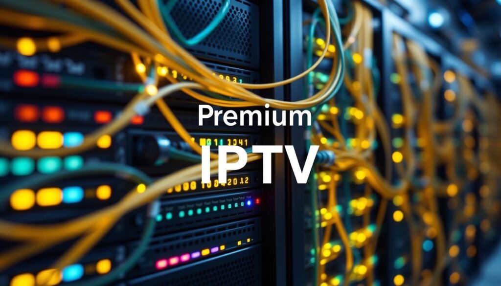 Generate an image of a robust server infrastructure with a glowing network connection, symbolizing high-quality IPTV service.