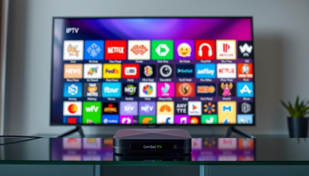 Generate an image of a sleek IPTV Android box connected to a modern TV, with a variety of streaming apps visible on the screen.
