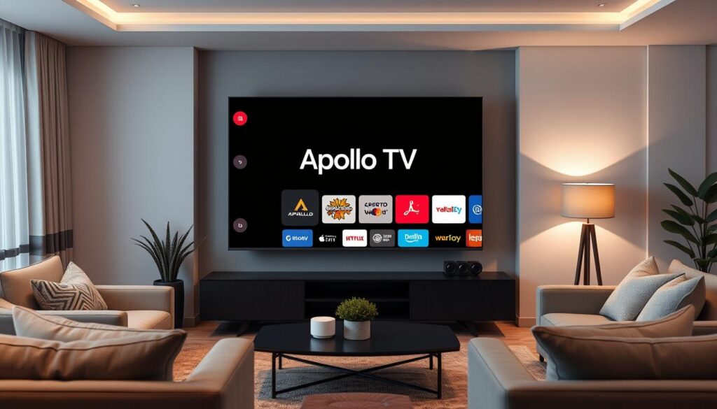 Generate an image of a sleek, modern TV setup with an "Apollo Group TV" interface on the screen.