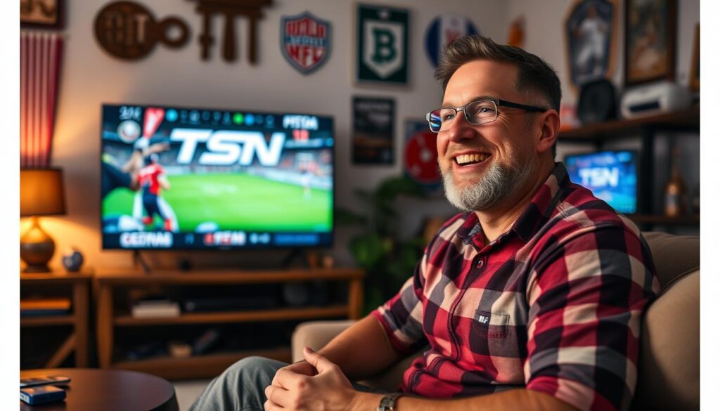 Generate an image of a sports enthusiast watching TSN channels on IPTV with a satisfied expression.
