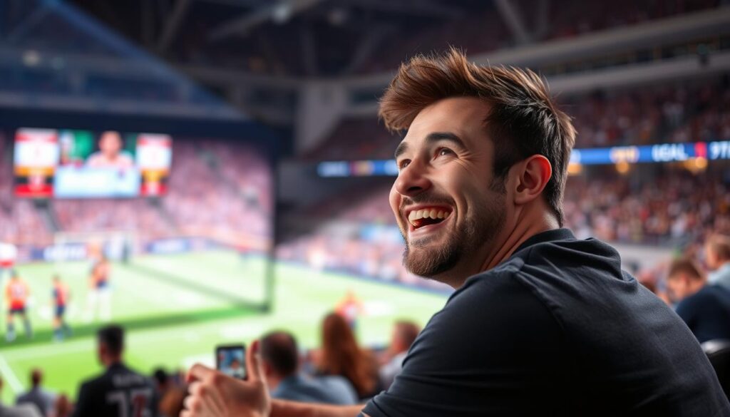 Generate an image of a sports enthusiast watching a live PPV event on IPTV with a satisfied expression.
