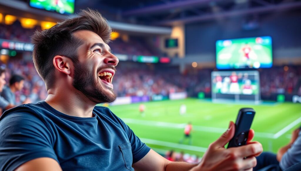 Generate an image of a sports enthusiast watching a live game on their Firestick using XCodes IPTV.