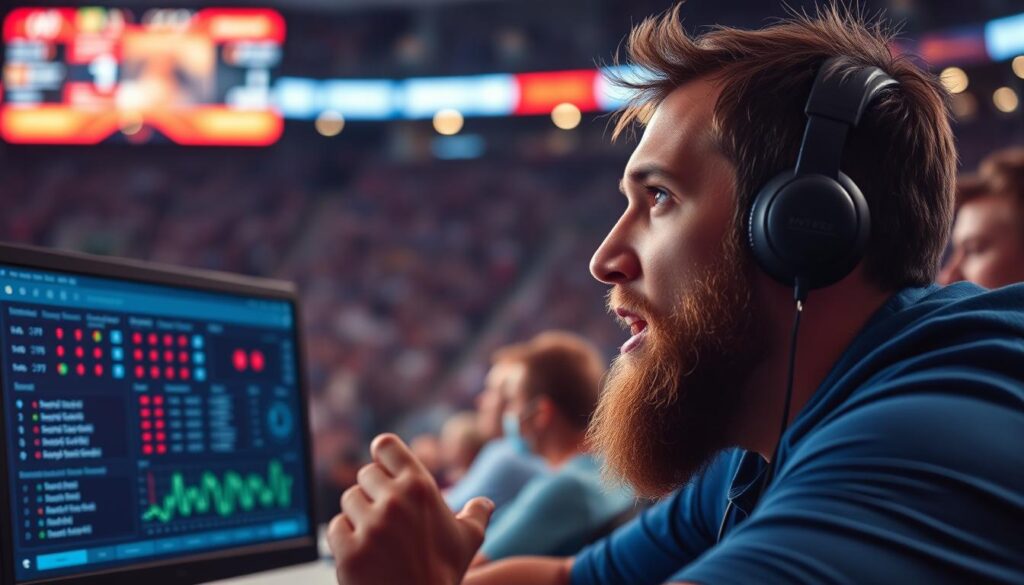 Generate an image of a sports enthusiast watching a live game with detailed analysis on a screen.