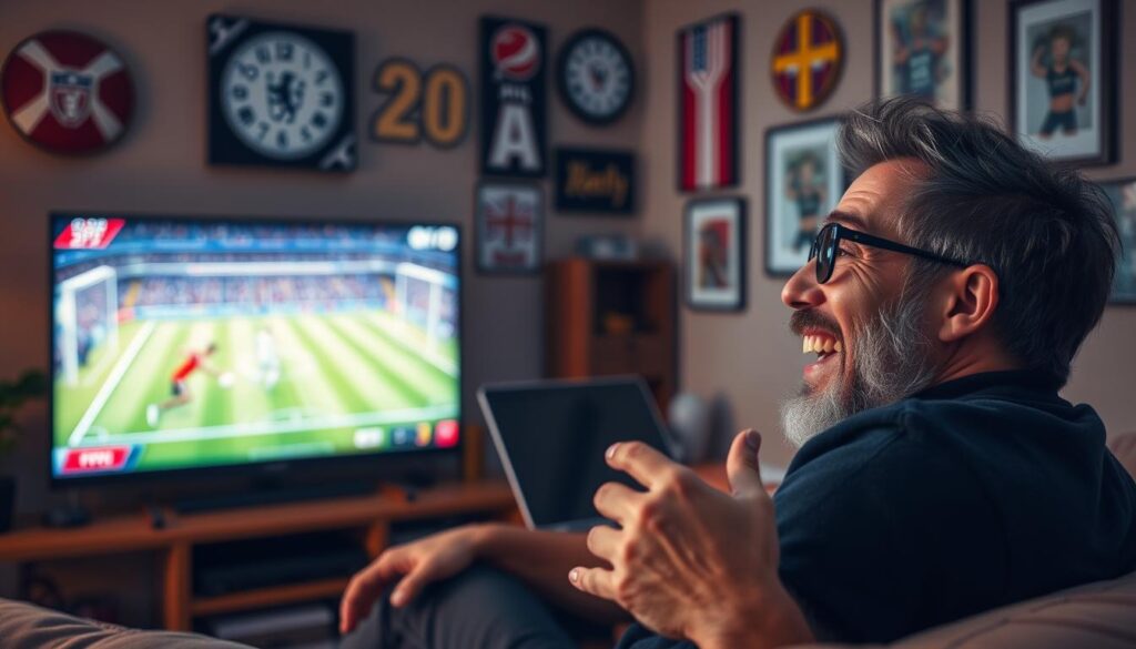 Generate an image of a sports enthusiast watching a live match on IPTV with a satisfied expression.