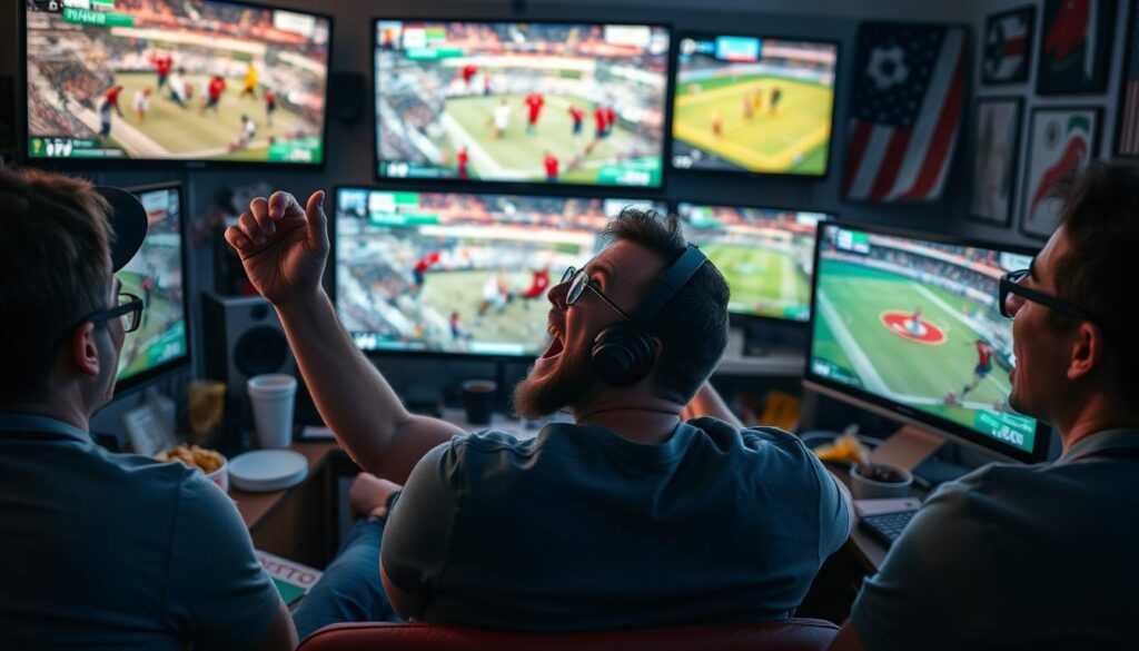 Generate an image of a sports enthusiast watching international sports on multiple screens.