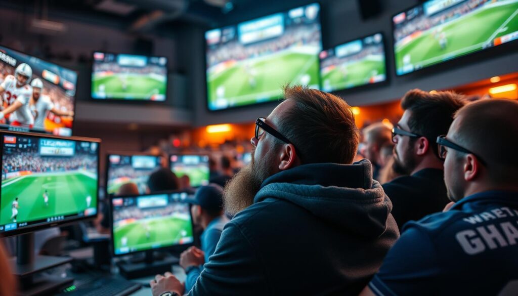 Generate an image of a sports enthusiast watching live sports on multiple screens with GetMaxTV IPTV sports channels.