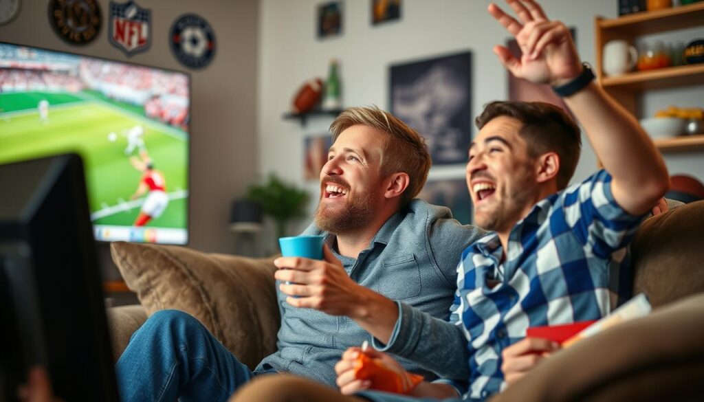 Generate an image of a sports enthusiast watching live sports on their TV with a satisfied expression.