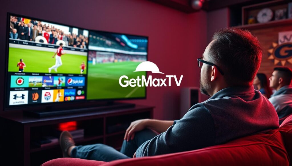 Generate an image of a sports fan enjoying multiple sports channels on a single screen with GetMaxTV logo