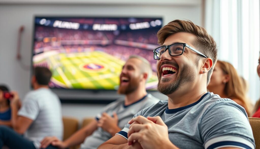 Generate an image of a sports fan watching a live game on IPTV with a satisfied expression.