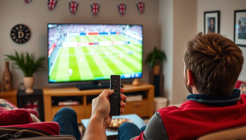 Generate an image of a sports fan watching a live match on a UK TV screen with a Firestick remote control.