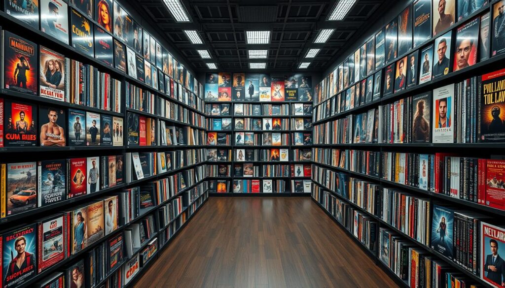 Generate an image of a vast movie library with various genres and release years.
