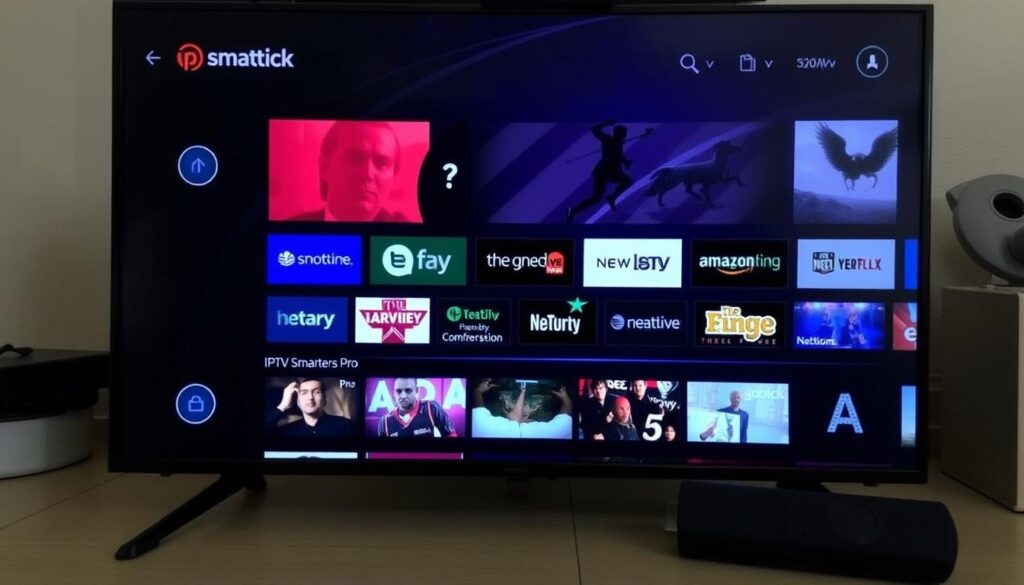 Generate an image of the IPTV Smarters Pro app on a Firestick.