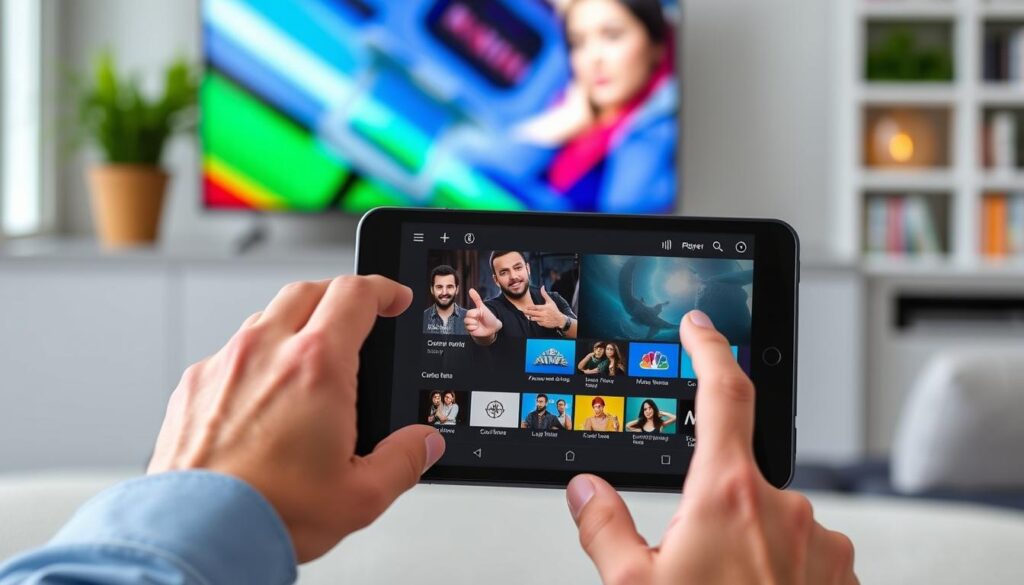 Generate an image of the TiviMate IPTV Player app in use on an Android tablet.