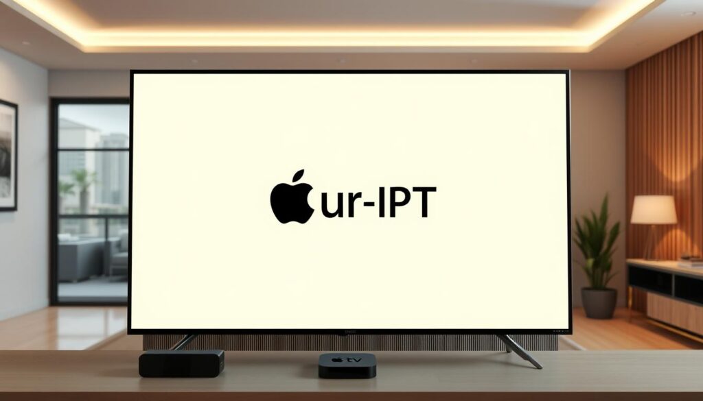 Generate an image of the Your-IPTV logo on an Apple TV screen