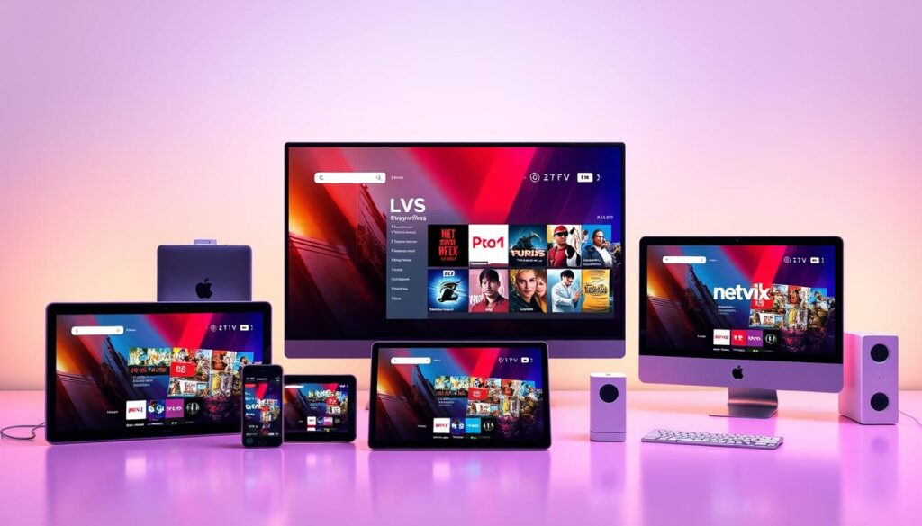 Generate an image of various devices like Smart TVs, smartphones, tablets, and computers connected to a streaming service.