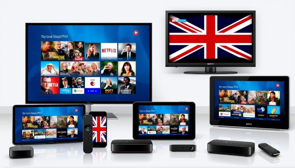 Generate an image of various devices such as Smart TVs, smartphones, tablets, and streaming devices displaying British IPTV content.