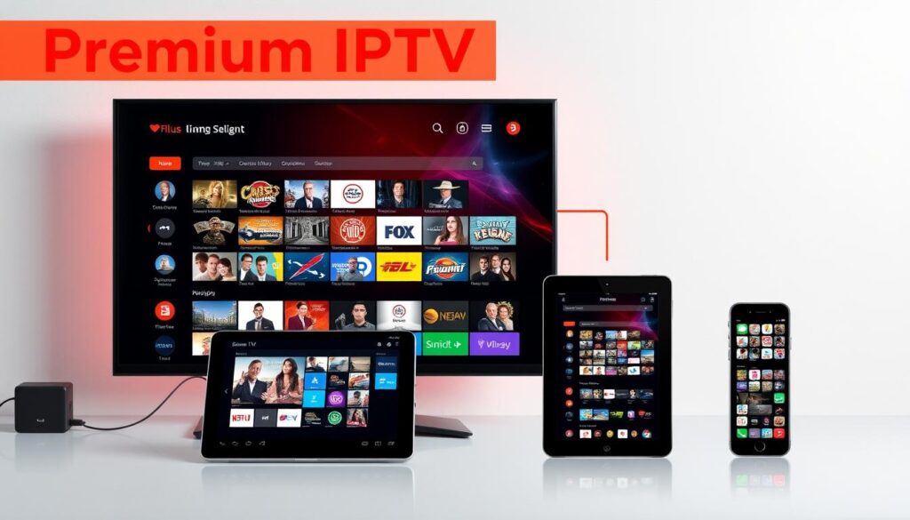 Generate an image representing IPTV premium services, showcasing a variety of channels and on-demand content on multiple devices.