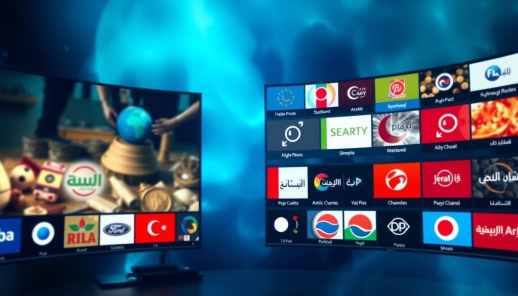 Generate an image representing a stable IPTV service with multiple Arabic channels.