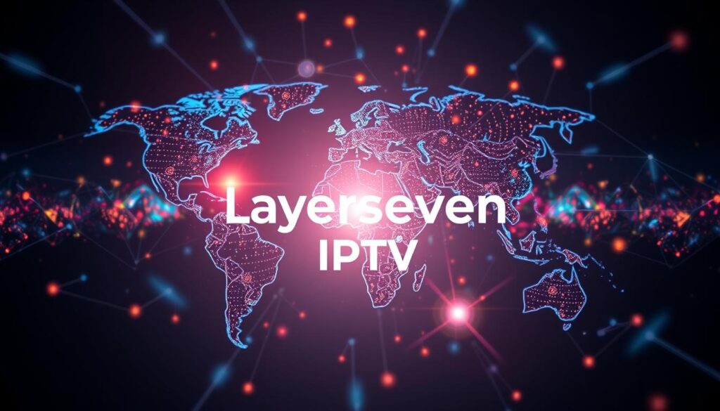 Generate an image representing global connectivity with "Layerseven IPTV" branding.
