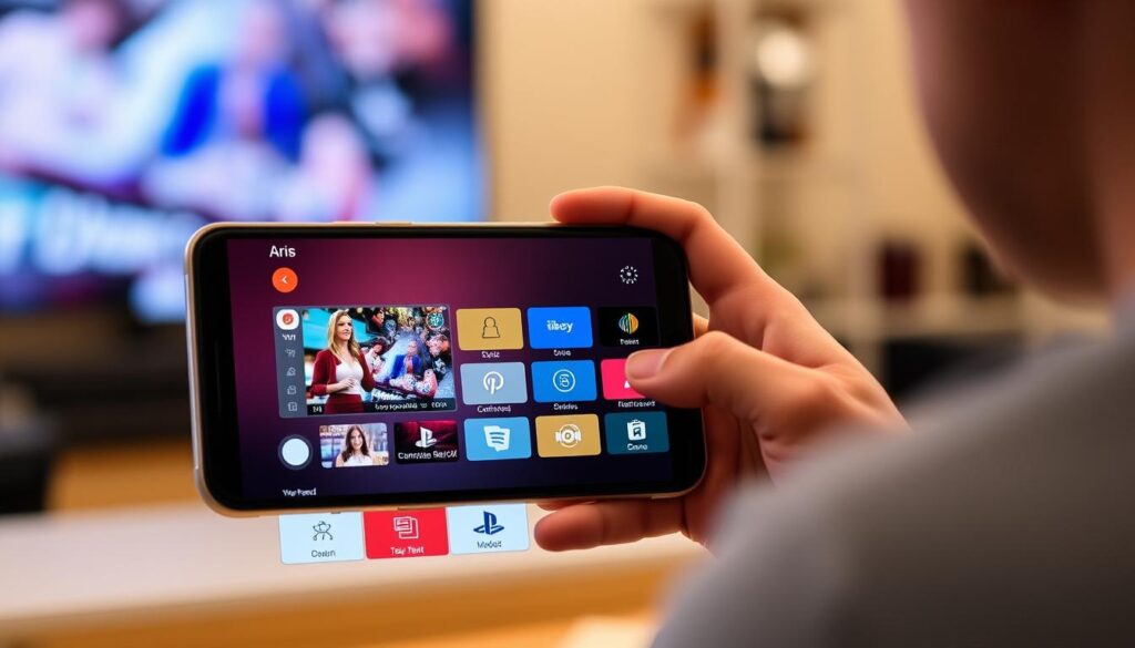 Generate an image showing Aris IPTV's interactive features on a mobile device