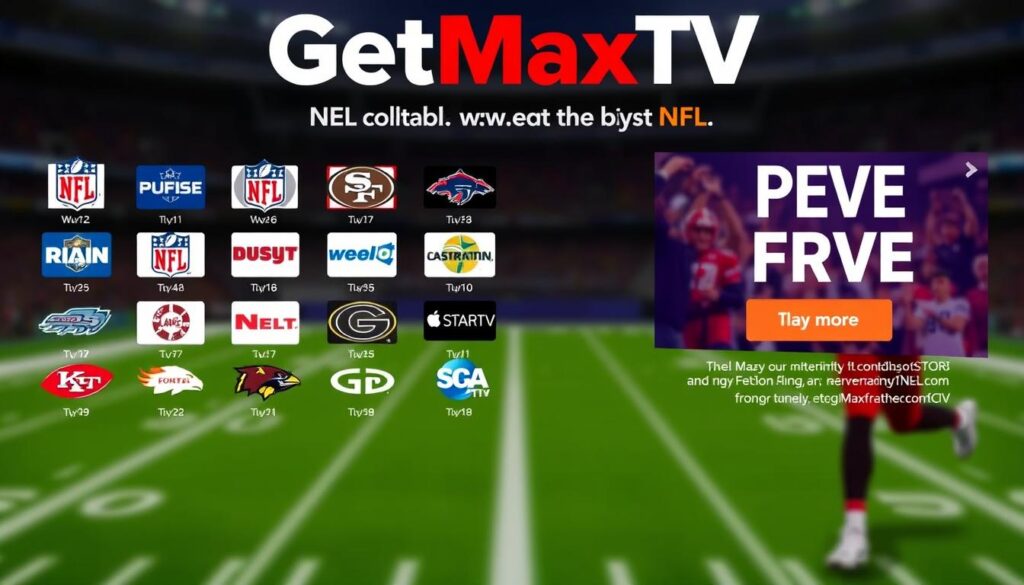 Generate an image showing GetMaxTV's NFL channel lineup and promotional offer.
