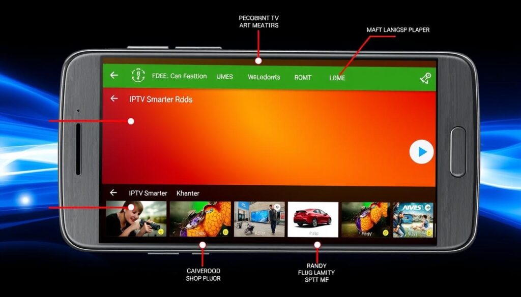 Generate an image showing the features of IPTV Smarters Pro on an Android phone.