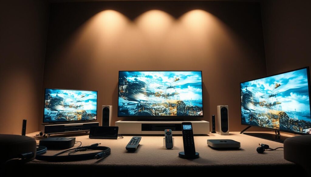 High-definition IPTV services showcased in a sleek, modern setting. A central focus on various smart devices displaying crystal-clear 4K streaming content, surrounded by a minimalist array of remote controls, network cables, and other streaming accessories. Soft, directional lighting illuminates the scene, creating depth and highlighting the technical components. The overall mood is one of sophistication and technological prowess, inviting the viewer to immerse themselves in a premium streaming experience.