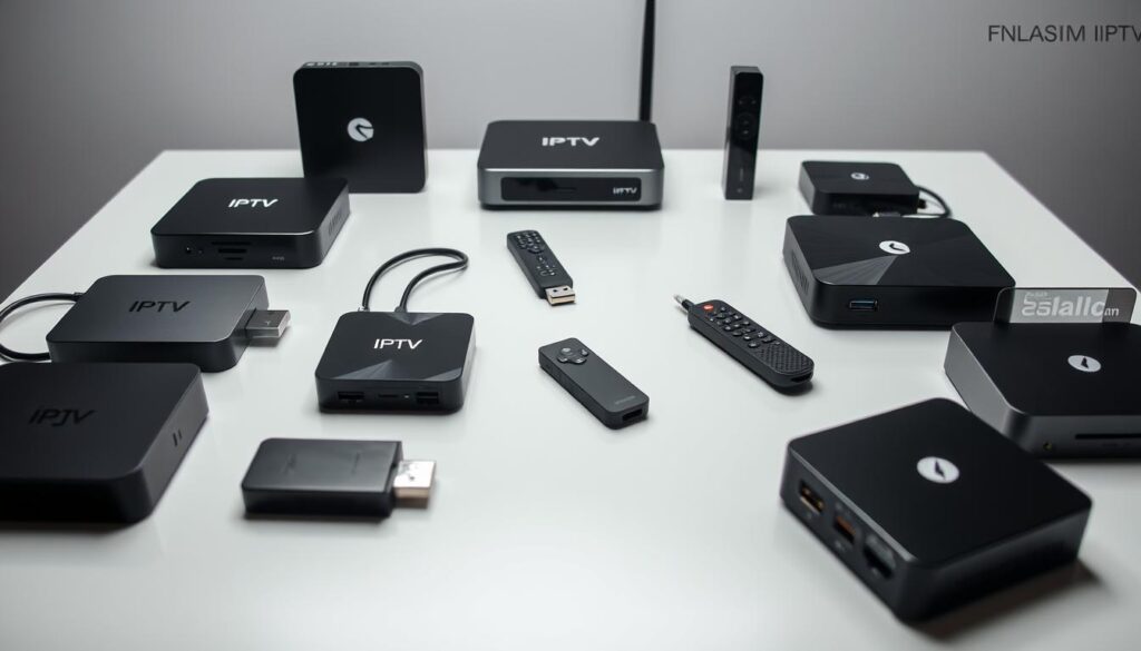 High-quality IPTV devices arranged in a neat, organized display on a modern, minimalist tabletop. The devices, such as android TV boxes and streaming dongles, are shown in various angles, showcasing their sleek designs and connectivity ports. The lighting is soft and directional, highlighting the textures and lines of the products. The background is a simple, neutral color that allows the IPTV devices to take center stage. The overall atmosphere conveys a sense of professionalism, technology, and the benefits of using IPTV services to access content.