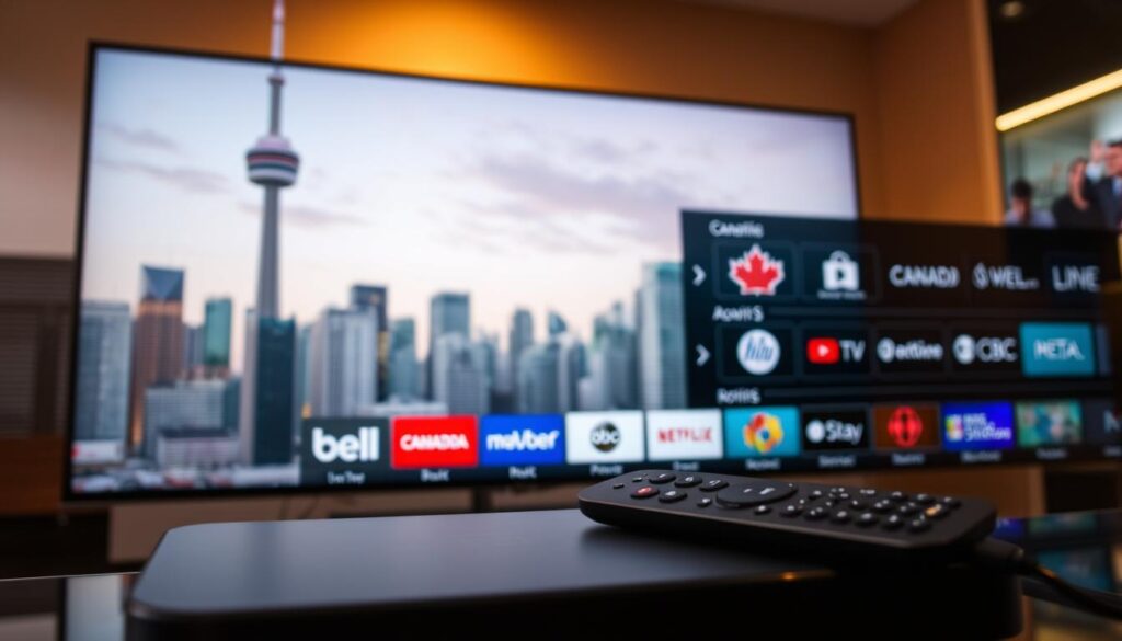 High-quality IPTV service, featuring a stylish and modern user interface. In the foreground, a sleek streaming device, perhaps a set-top box or a smart TV, showcasing the IPTV platform's intuitive controls and visually appealing menus. The middle ground depicts a variety of popular Canadian television channels, such as Bell, Rogers, and CBC, represented by their iconic logos and branding. The background sets the scene with a cityscape of Toronto, highlighting the urban and connected nature of the IPTV experience. The lighting is warm and inviting, creating a sense of premium quality and reliability. The overall atmosphere conveys the convenience, accessibility, and comprehensive entertainment options provided by a premium IPTV subscription in Canada.