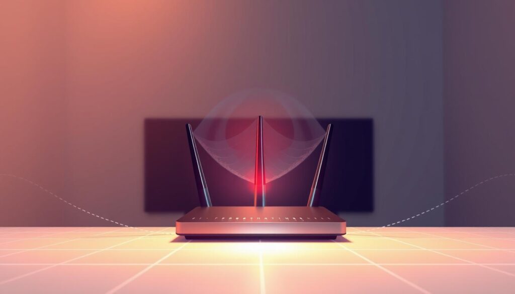 High-resolution digital illustration of a broadband internet signal, showcasing its strength and quality. Foreground depicts a clear, vibrant, and stable network connection, with glowing data packets and rippling waves of digital energy. Middle ground features a sleek, modern router device emitting a powerful Wi-Fi signal. Background shows a clean, minimalist environment with subtle grid-like patterns, suggesting a technology-driven, efficient setting. Lighting is warm and inviting, with a soft, diffused glow throughout the scene. The overall mood conveys a sense of reliable, high-speed internet connectivity optimized for smooth IPTV streaming.