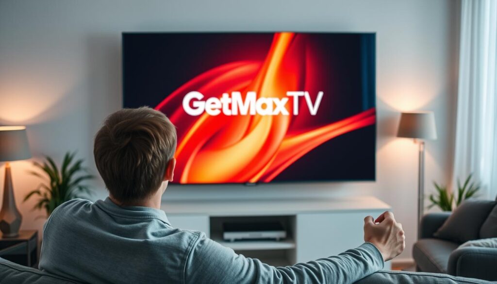 Image generation prompt: A person enjoying their favorite TV show on a smart TV with a GetMaxTV logo on the screen.