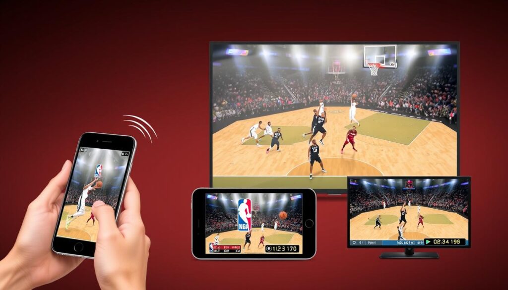 Image of NBA games being streamed on various devices via IPTV