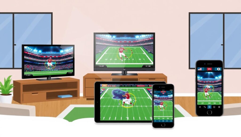 Image of NFL games being broadcast on various devices via IPTV