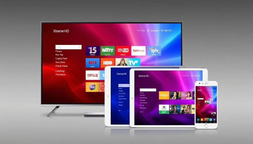 Image of Xtreme HD IPTV interface on multiple devices