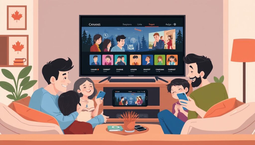 Image of a Canadian family enjoying their favorite TV show on multiple devices