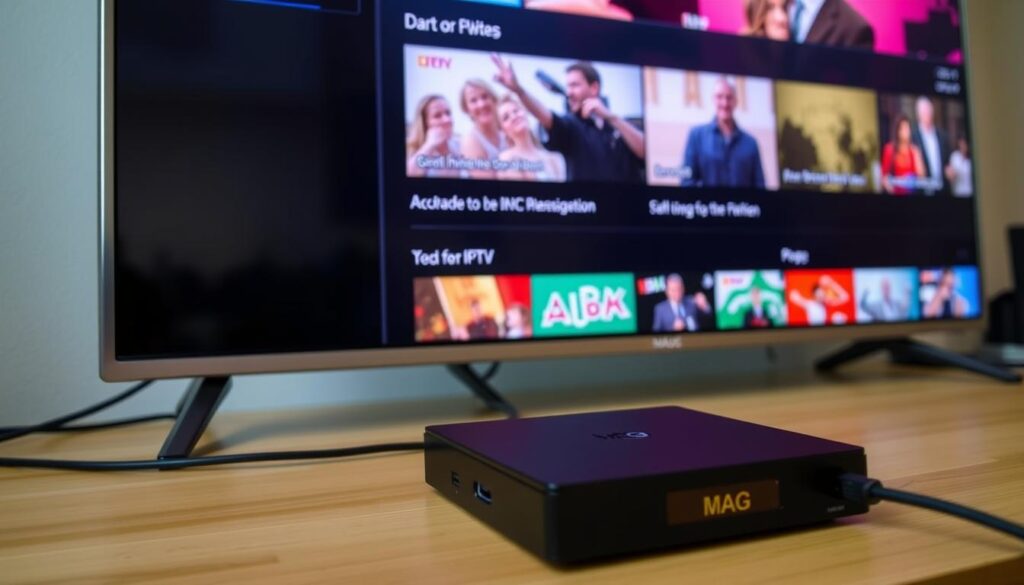 Image of a MAG box connected to a TV with IPTV streaming