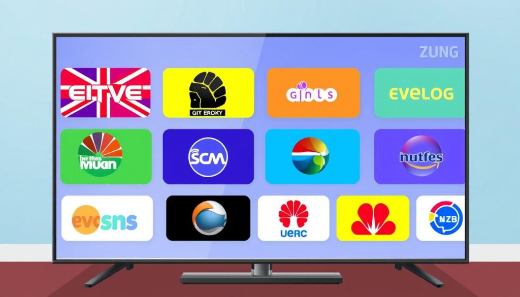 Image of a TV screen displaying various UK channels