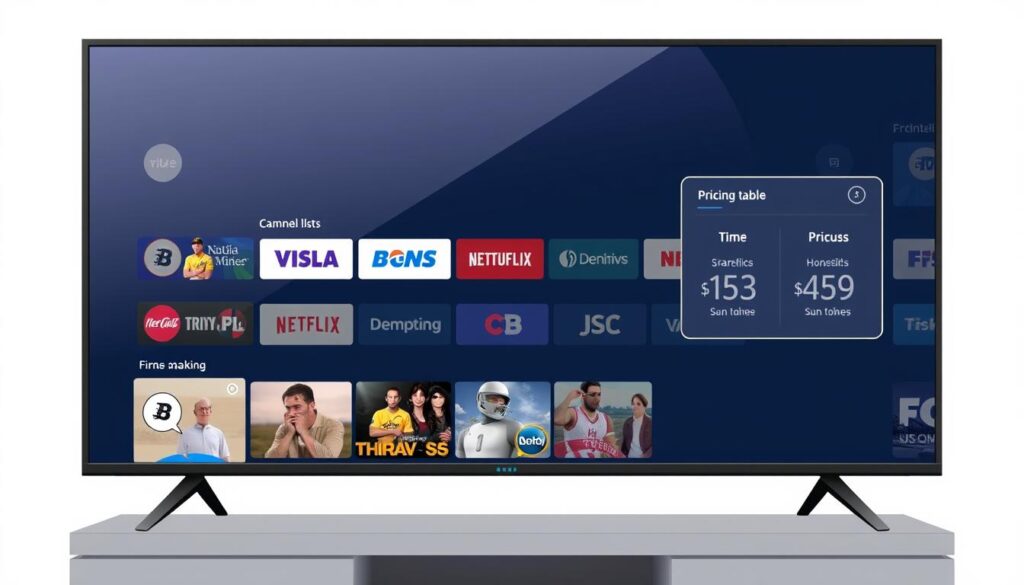 Image of a TV screen displaying various channels and content, with a pricing table in the corner.