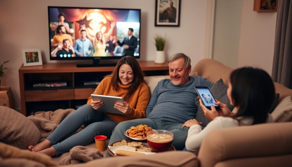 Image of a family watching TV together on multiple devices