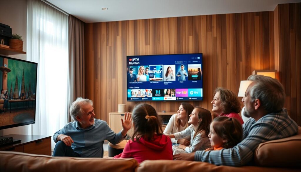 Image of a family watching TV together with various IPTV channels on the screen
