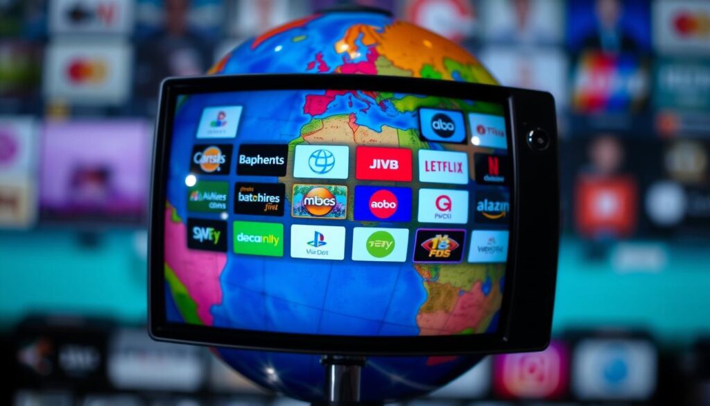 Image of a globe with a TV screen in front, displaying various channels.