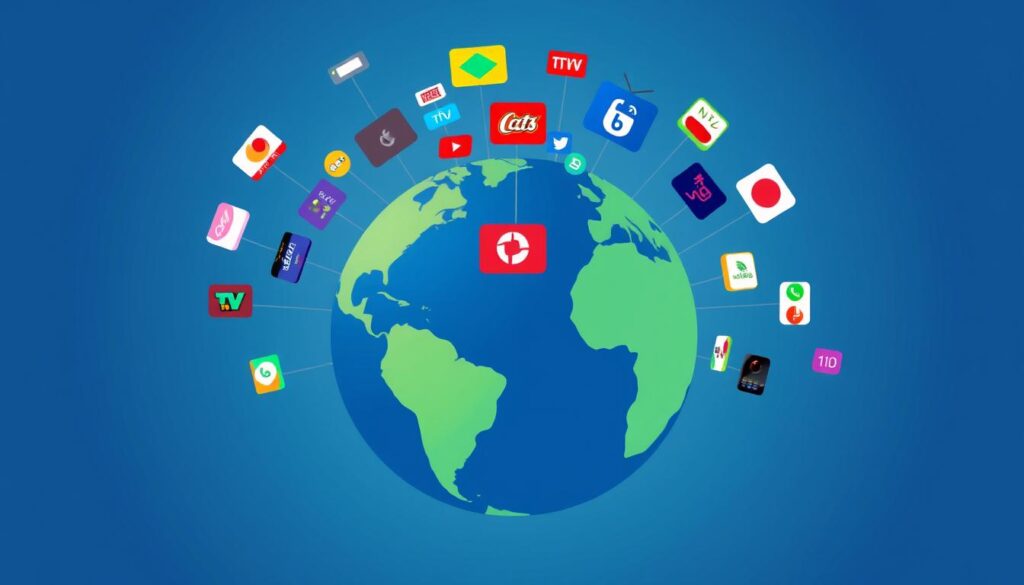 Image of a globe with various TV channels streaming from it