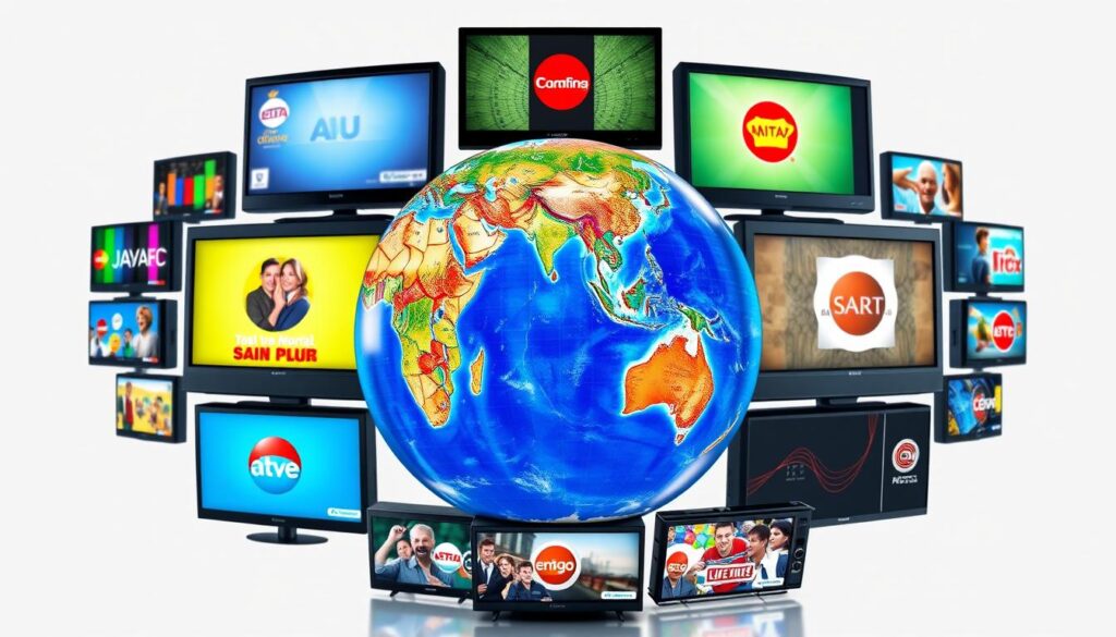 Image of a globe with various TV screens around it, displaying different international channels.