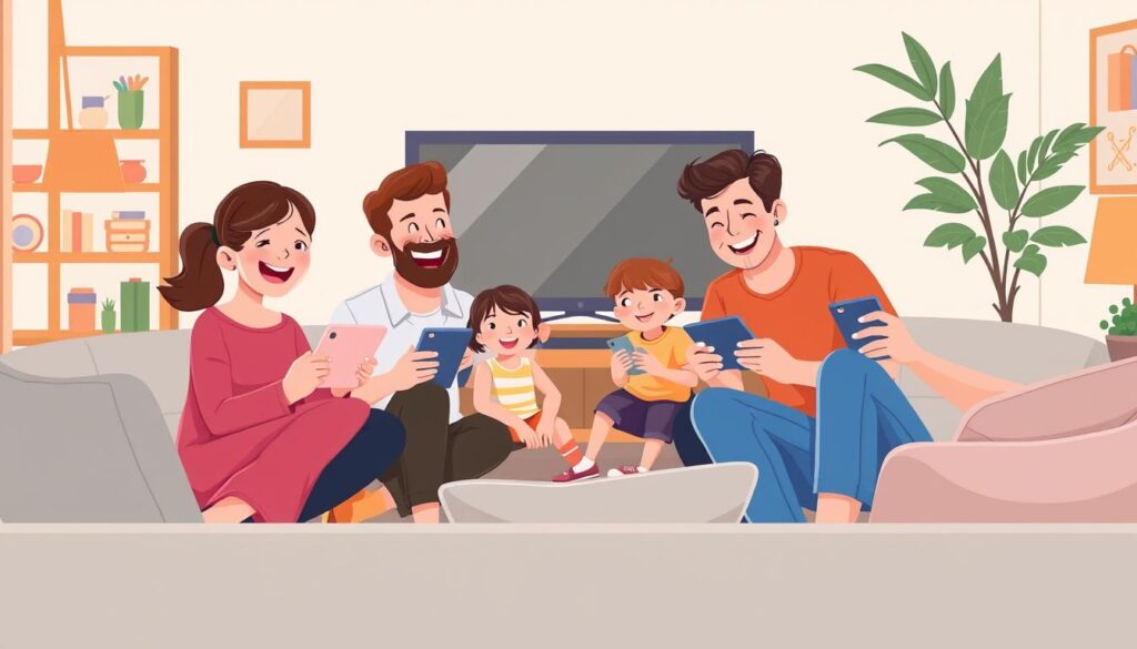 Image of a happy family watching TV together with multiple devices connected