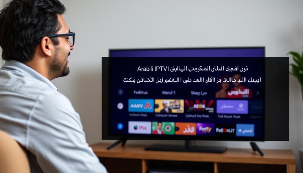 Image of a person enjoying Arabic IPTV on a TV with a subscription plan details overlay