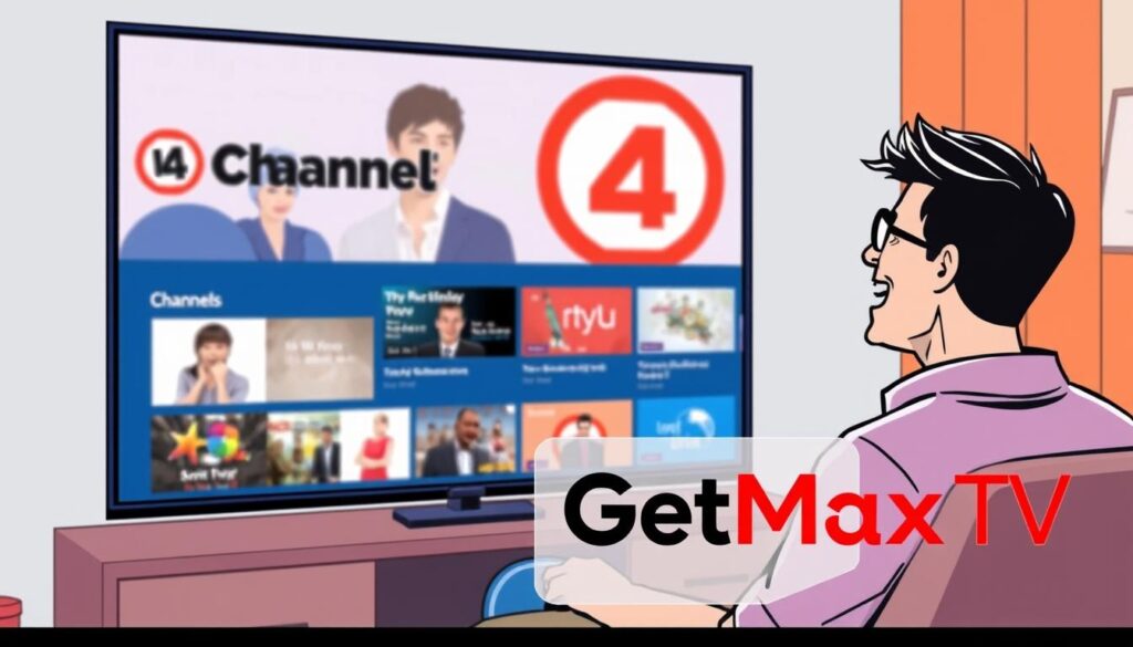 Image of a person enjoying Channel4 content on a large screen TV with a GetMaxTV logo overlay